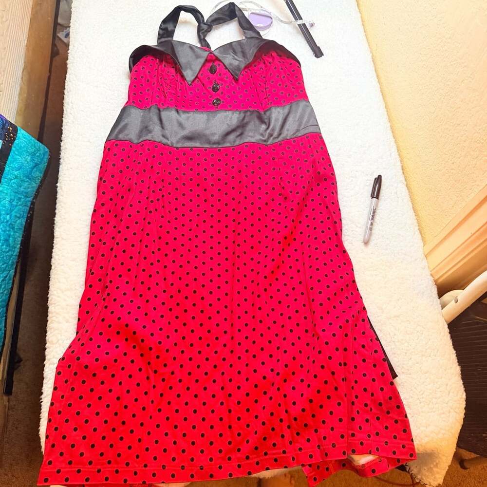 Vintage Grace Karin Polka Dot Halter Dress Size 16 Red Retro Pinup